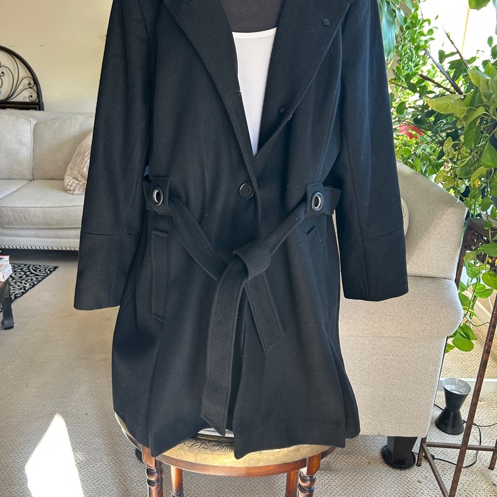 Centigrade Black Wool Blend Funnel Neck Belted coat, with large black buttons.